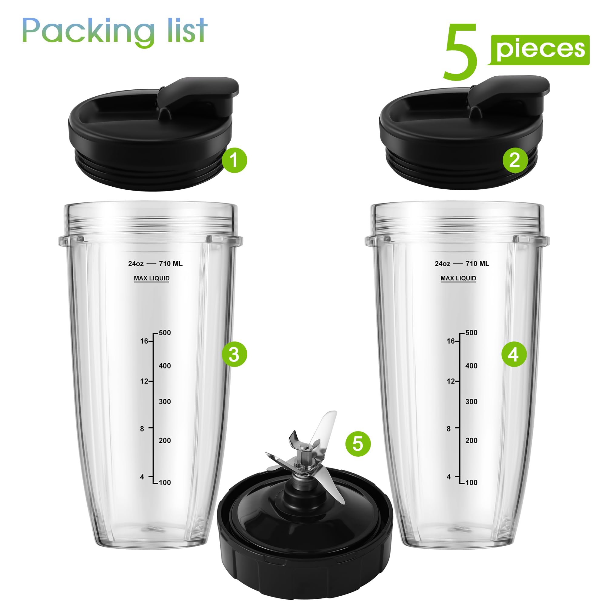 Repuestos para licuadoras Ninja, vasos de 24 oz con tapas para llevar, cuchilla extractora de 7 aletas, compatibles con las licuadoras Nutri Ninja Auto iQ BL2012, BN801, BL480-30, BL640-30, BL642-30 y NN100-30.
